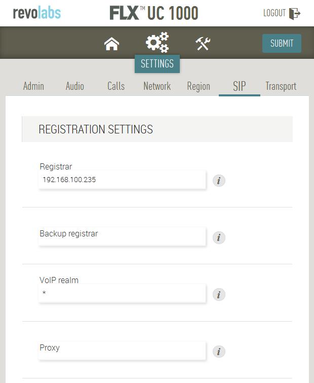 7.3 Administer SIP Settings To configure SIP settings, click on Settings SIP at the top of the web page.