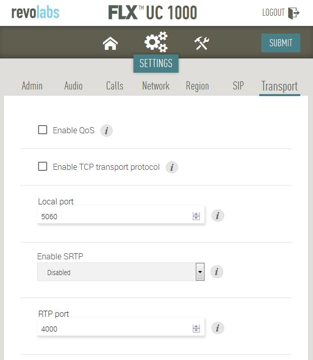 Set DTMF signaling method to RTP (RFC2833) as shown below. Click Submit (not shown). 7.3.1 Configure SIP Port and Transport Protocol Under Settings Transport, configure the SIP port and transport protocol.