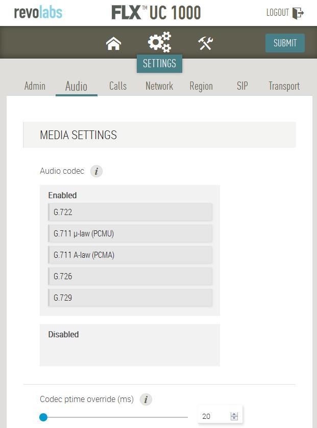 7.5 Administer Media Settings Under Settings Audio, the supported audio codecs are displayed along with their priority order.
