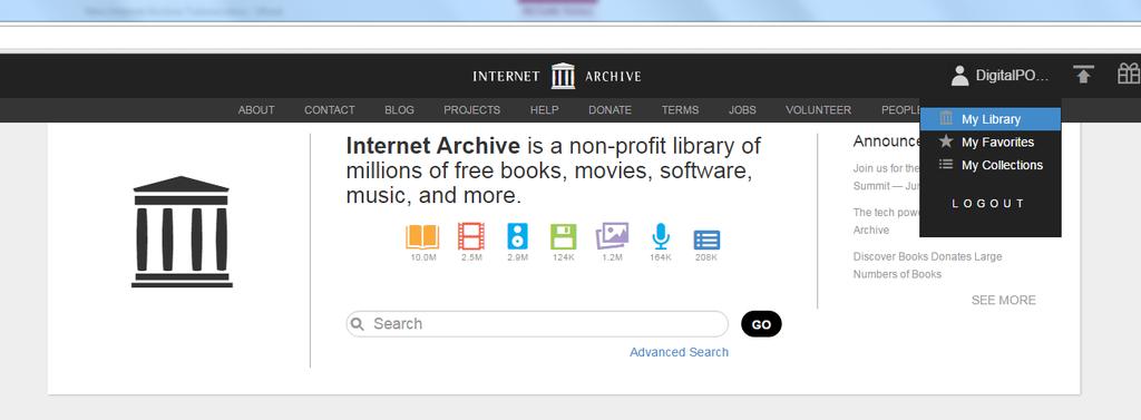 May 2016 15 Viewing Previously Uploaded Objects 1. Make sure you are logged in to Internet Archive. 2. Click on your screen name link.