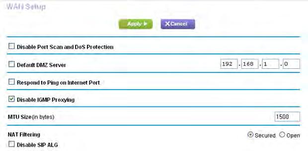 4. Select ADVANCED > Setup > WAN Setup. The following settings display: Disable Port Scan and DoS Protection.