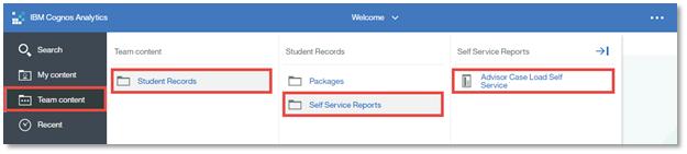 Navigate to the Report Follow the steps below to access the Advisor Case Load Self Service report. 1. Click on the Team Content button. 2. Click on the Student Records folder. 3.