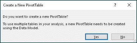 When the Create a New PivotTable dialog appears, click the Yes button.