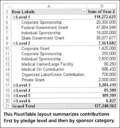 PivotTable Example 2 In this example, data is summarized first by pledge level and then by sponsor category.