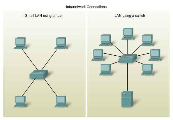 Intranetwork Devices To create a LAN, we need to select the appropriate devices to connect the end device to the network. The two most common devices used are hubs and switches.