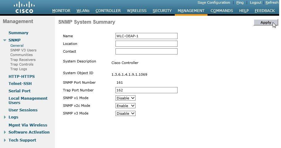 Configuring WLC Configuring SNMP Step 12 Navigate to Management > SNMP > Communities. Step 13 Point to the blue box for the public community, and then click Remove.