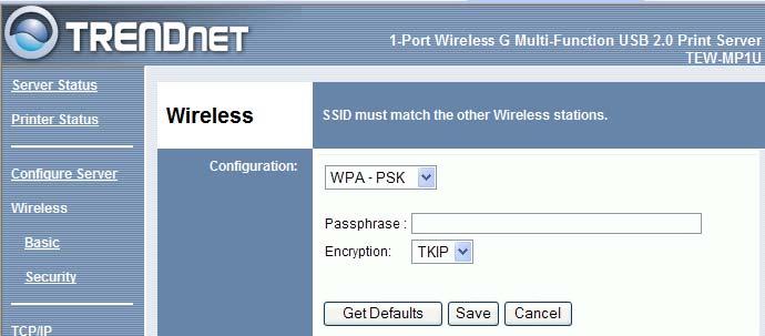 Figure 14: WPA-PSK Screen Security System Passphrase Encryption WPA-PSK Like WEP, data is encrypted before transmission. WPA is more secure than WEP, and should be used if possible.