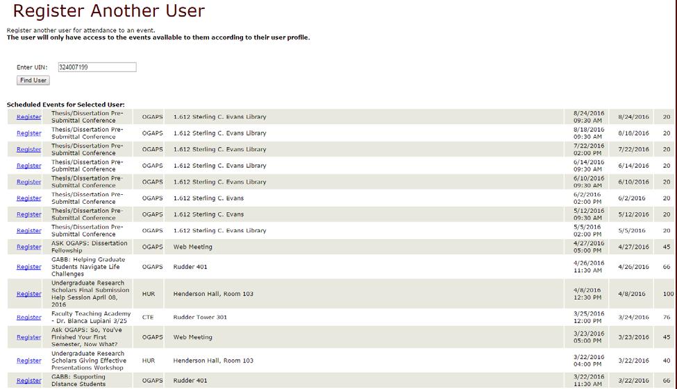 Select Register to add the user to the registration list.