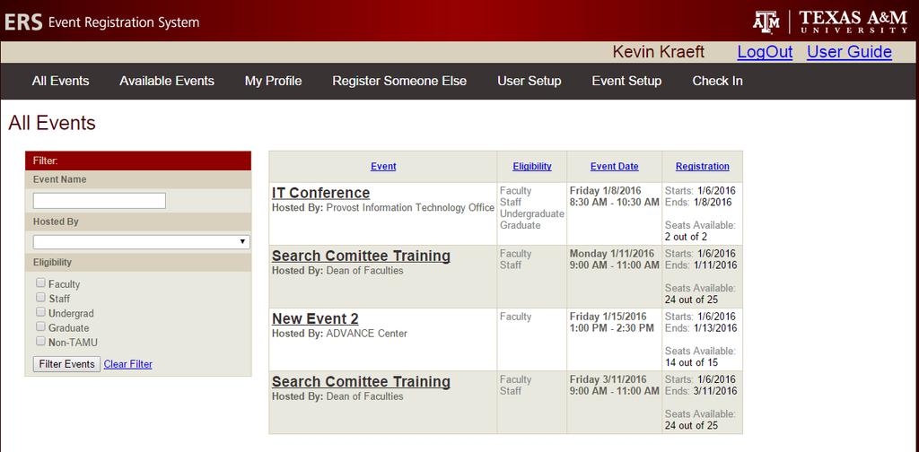 After logging in, the Department Admin will see a list of avaible events along with additional menu items.