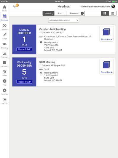 Meetings In the Meetings tab, you can view upcoming, past or proposed meetings (where your
