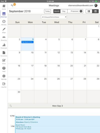 Filter meetings by Group or Committee and past meetings can be filtered by year.