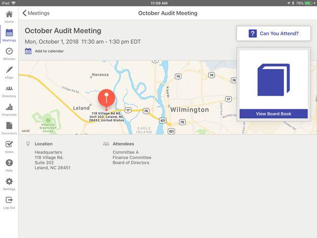 Meeting Details Tapping on the meeting block will open the Meeting Details screen. Details such as location, time, notes and invited groups are shown.