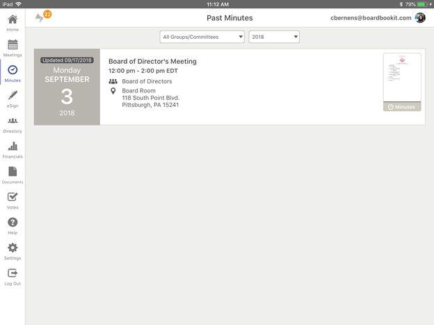 Minutes To view minutes of past meetings, tap on the Minutes tab. You can filter by Groups/Committees or Year.