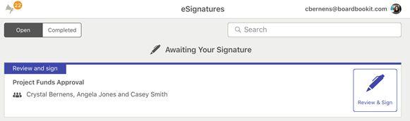 On the esignatures screen, open approvals will appear first, but you can also toggle to completed approvals to access anything you ve previously signed.