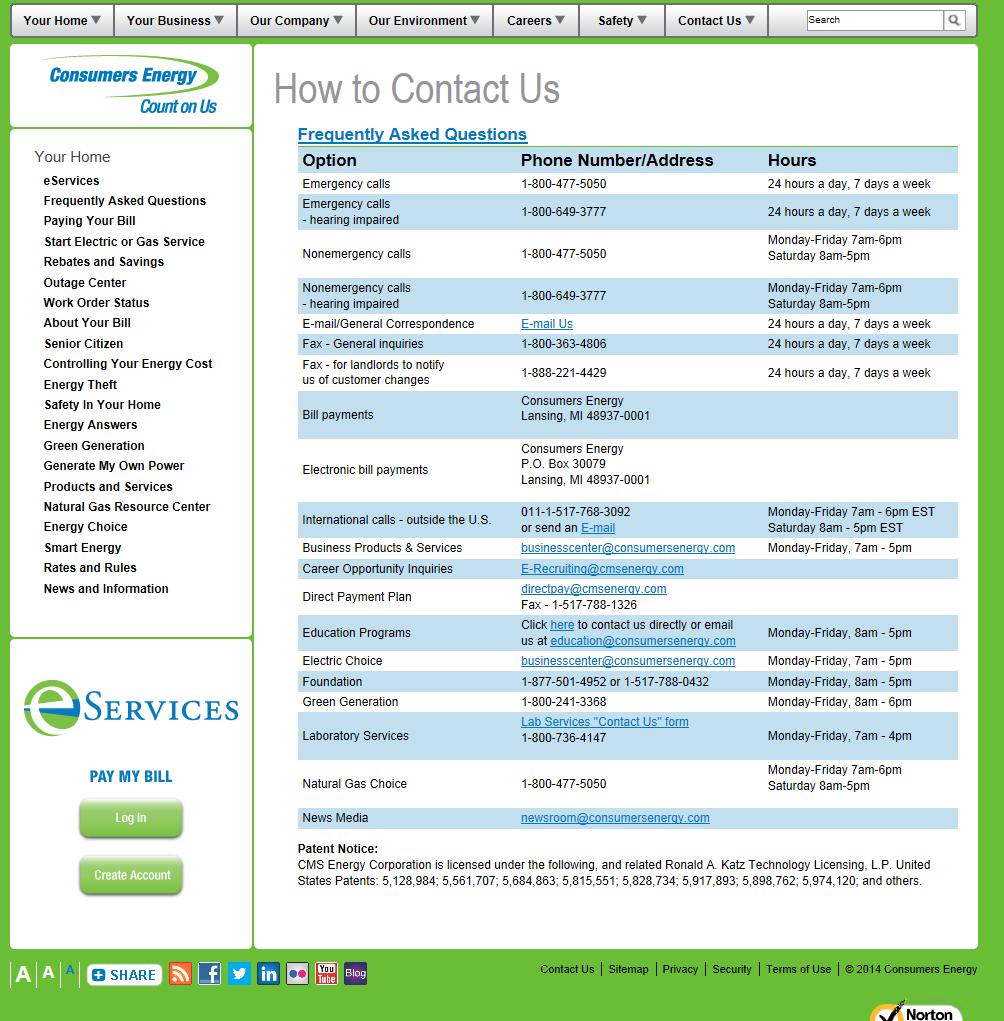 Figure 2-2. The Consumers Energy Contact Us page. Recommendation: Use location, size, and color to make important links more visible to users and reduce unnecessary images and text.
