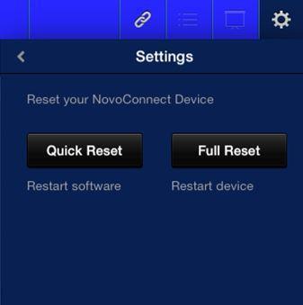 Resetting: Touch the Quick Reset to reset the presentation group to allow a presentation session to start over again. Touch the Full Reset button to reset the NovoConnect B360.