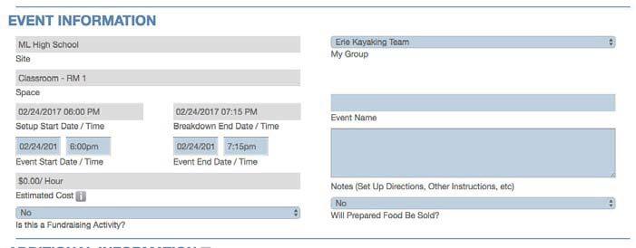 3-A. Request a Date and Time (cont.) Event Information section Estimated Cost and More Info button My Group Event Name Event Notes visible to public A. Event Information fields Event Name.