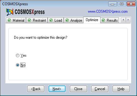 Once the simulation is completed you will see the screen below. By default, CosmosXpress starts the analysis in terms of FOS (factor of safety).