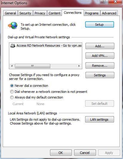 C. Disable the dial-up connection, if enabled. Windows 7/8 1. Click Start > Internet Explorer to launch the browser. 2. Click Tools > Internet options > Connections tab. 3.