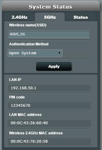On the Network Map screen and under System status, you can configure the wireless security settings such as SSID, security level, and encryption settings.