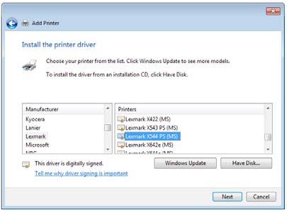 7. Click Next to finish setting up the standard TCP/IP port. 8. Install the printer driver from the vendor-model list.