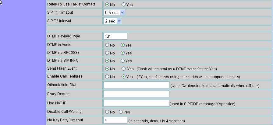 Setting Options Refer-To Use Target Contact SIP T1 Timeout SIP T2 Interval DTMF Payload Type DTMF in Audio DTMF via RFC2833 DTMF via SIP INFO Send Flash Event Enable Call Features Offhook Auto-Dial