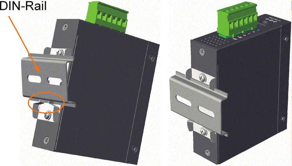 Attach bracket to the lower edge of the DIN rail and push the unit upward a little bit until the bracket can clamp on the upper edge of the DIN rail. 3.
