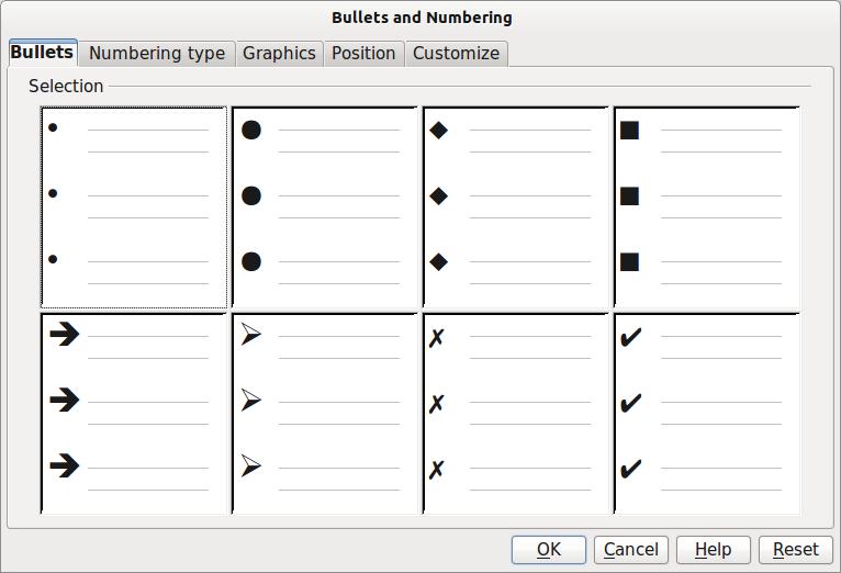 Figure 13: Bullets and Numbering dialog Editing a list 1) Click on the Text icon, then select the list or the items in the list that you want to edit and customize.