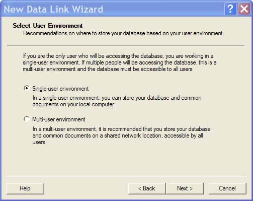 On this second screen, define the type of environment in which you wish to use the database. If you choose a singleuser environment, the database and documents will be stored on your local machine.
