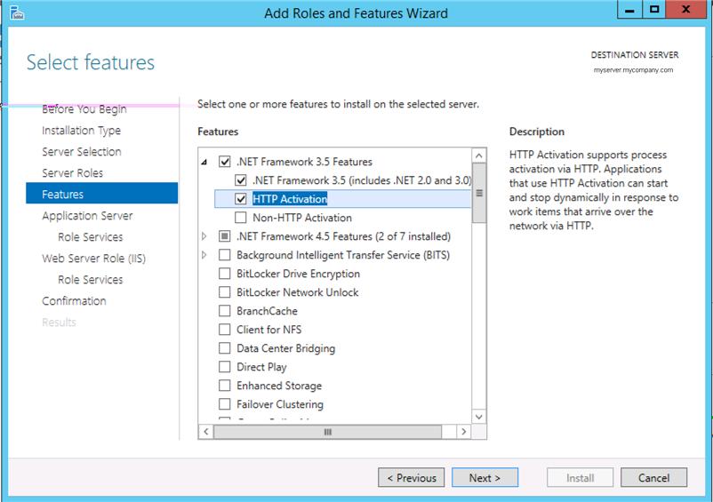 For Windows Server 2012 or 2012 R2, select the following features, roles, and role services.