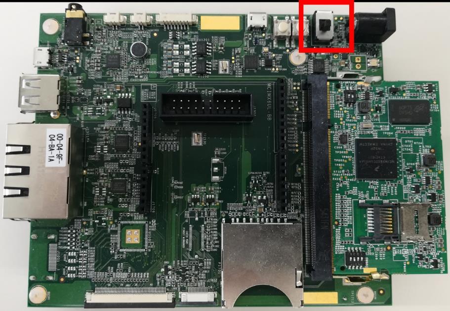 This configuration allows the i.mx6ultralite (MCIMX6UL-EVKB) board to be booted from the microsd memory card. Third, turn on the power supply switch to boot up the system. Fig 17. i.mx6ultralite (MCIMX6UL-EVKB) power supply switch During the boot process, the operating system status information will be prompted on the terminal (Tera Term) window.