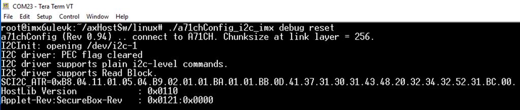 7.3 Running A71CH Configure tool Finally, the A71CH Configure Tool can also be executed from the Linux folder: root@imx6ulevk:~/axhostsw/linux#.