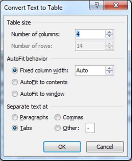 Convert Text to Table dialog box 31 Moving within a table Press this Tab Shift+Tab Up Arrow Down Arrow Alt+Home Alt+End Alt+Page Up Alt+Page Down To move One cell to the
