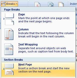 7. Section breaks are inserted in the same manner as paragraph breaks, except that Next Page is selected under Section Breaks in the Breaks drop-down menu: Note: If the client has used a combination