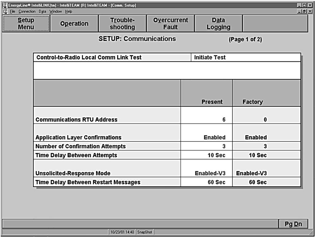 Communication Setup STEP 7. At the Setup Menu screen, click on the Communications button to display Page 1 of the Setup>Communications screen. See Figure 11.