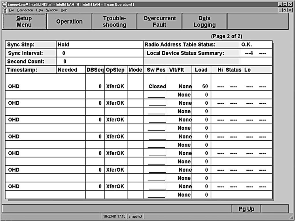 Figure 20. Page 2 of the Team Operation screen. STEP 6. Check the sync activity. (a) In the first column, confirm that the Timestamp value is within one second for all team members.