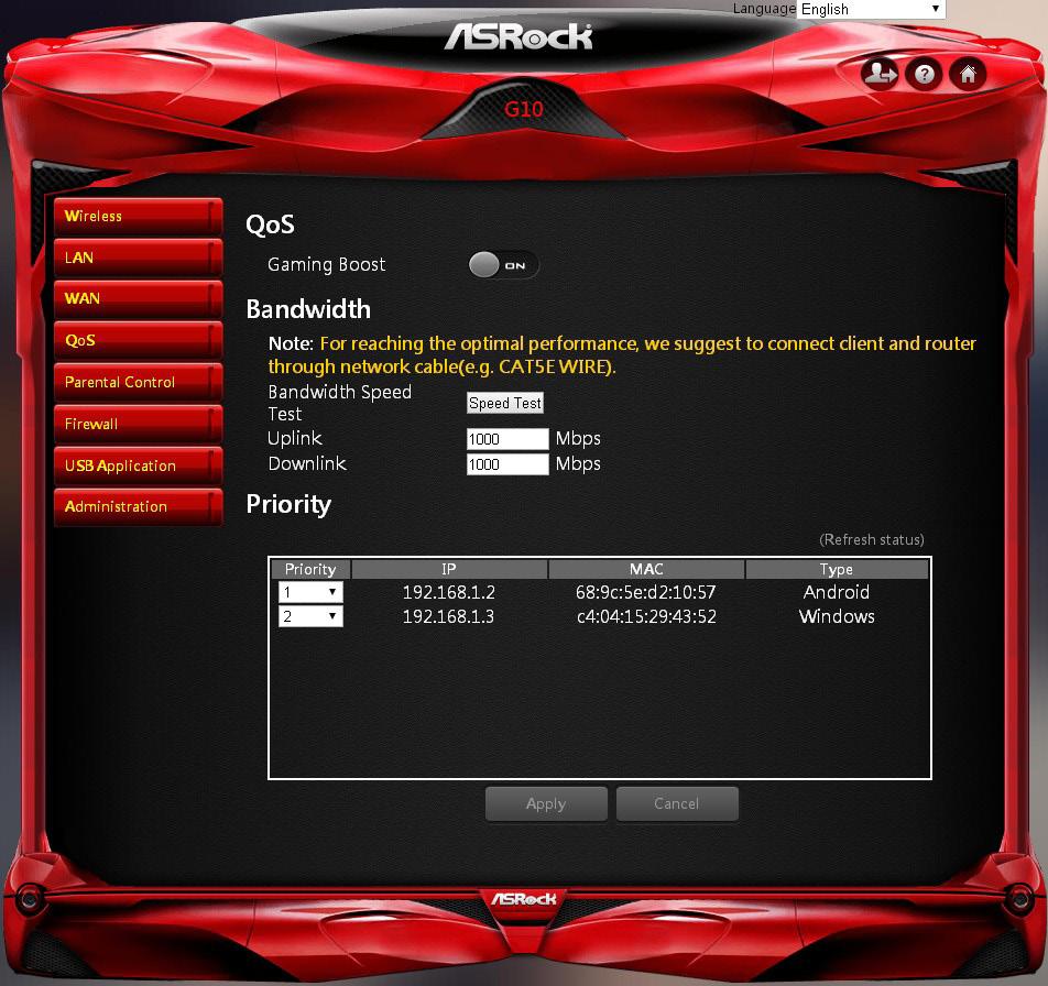 ASRock G10 Gaming Router 6.4 QoS Settings QoS Add Gaming Boost web page. Gaming Boost: Enable or disable the Gaming Boost.