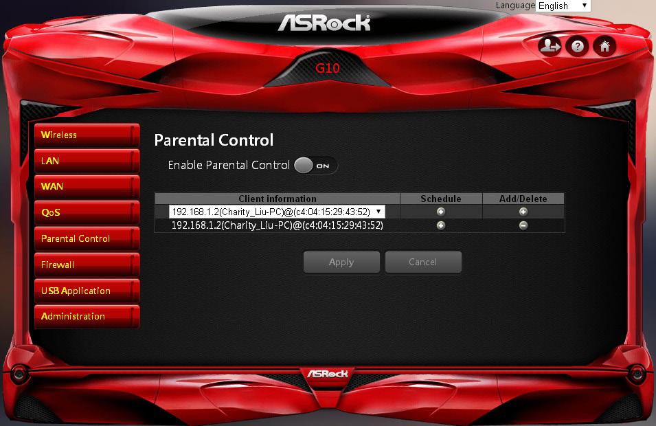 6.5 Parental Control Parental Control allows you to control the internet access time, by setting the time limit for a client s network usage. Enable Parental Control: The default is "OFF".