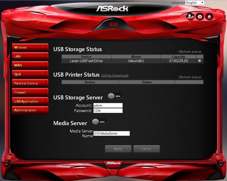 6.7 USB Application The USB Application function provides the information of USB storage status and USB printer status, and allows you to configure USB storage server, media server, and download