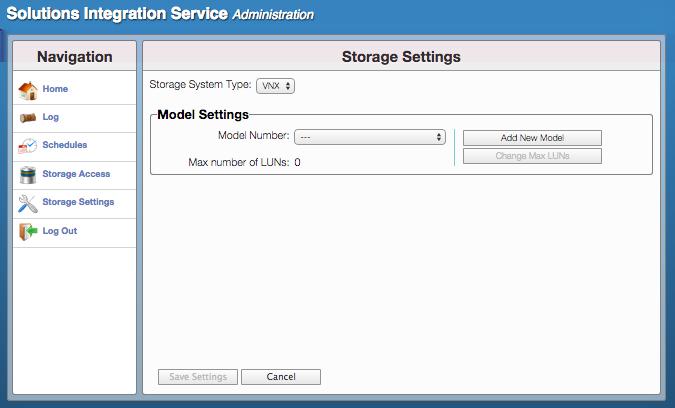 Configuring and Using the EMC Solutions Integration Service Figure 22 Storage Settings window Adding a new VNX model 1. Click Add new Model. 2. Enter the model number and the maximum number of LUNs in the appropriate text boxes.
