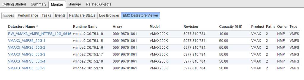 Using VSI to View and Manage Storage Figure 24 Consolidated view of all datastores on a host 3. Click the link in the Datastore Name column to view property details.