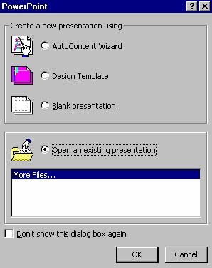 Ashbury Training Lesson 1: Introduction to PowerPoint 4. If necessary, select Open An Existing Presentation 5. Click on OK To display the Open dialog box. 6.