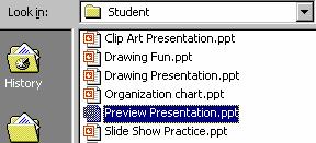 screen. 7. In the file list box, select Preview Presentation.