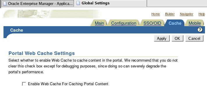 6. Click the Apply button. Figure 1.8 Disabling the Portal Web Cache Changing the default port The next step is to change the default port for the Oracle 10g Portal server to 80.