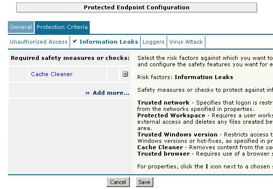 Deploying the FirePass controller with Oracle Application Server 10g 7. From the Required safety measures or checks list, select Cache Cleaner and click the Add button.