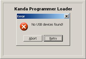 Run the Handheld Programmer software a) If USB dongle is not detected, or another Kanda dongle is present, then this error appears.