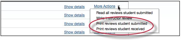 student submitted or to print reviews the student received.