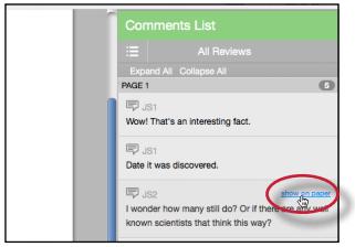 The Comments List may be used to navigate to the location of a comment on the