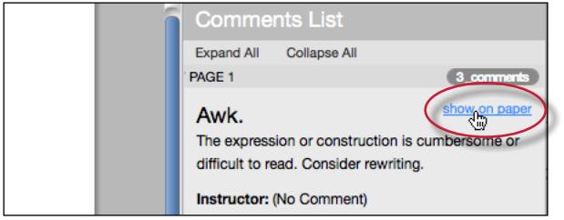The list of comments can be used to navigate to the location of a comment on the paper by hovering the