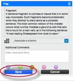 5a. (Optional) Instructors can add additional comments to a QuickMark, change the color of the highlight, or associate a QuickMark comment with a rubric criterion by clicking on the Edit button while